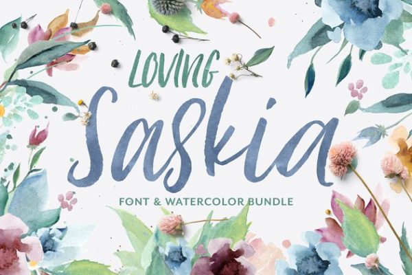手写英文字体&手绘水彩花卉剪贴画 Loving Saskia Font & Graphics Bundle缩略图 手写英文字体&手绘水彩花卉剪贴画 Loving Saskia Font & Graphics Bundle