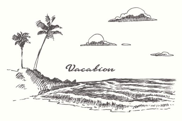 海边日落素描矢量图形 Set of sketches of seaside views