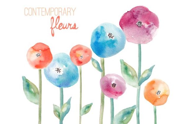 现代花卉水彩剪贴画 Contemporary Fleurs