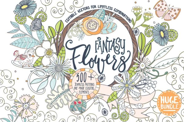 梦幻繁花似锦水彩手绘花卉蝴蝶树叶矢量图形 Fantasy Flowers, Floral Wreaths缩略图 梦幻繁花似锦水彩手绘花卉蝴蝶树叶矢量图形 Fantasy Flowers, Floral Wreaths