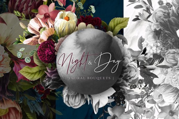 繁花似锦复古花卉插画素材[昼夜和白日两个版本] Night and Day Floral Bouquets
