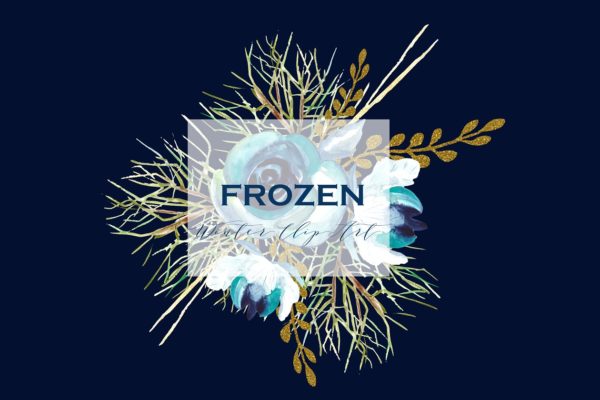冰霜闪亮花卉水彩剪贴画 Frozen. Glitter watercolor Clipart.
