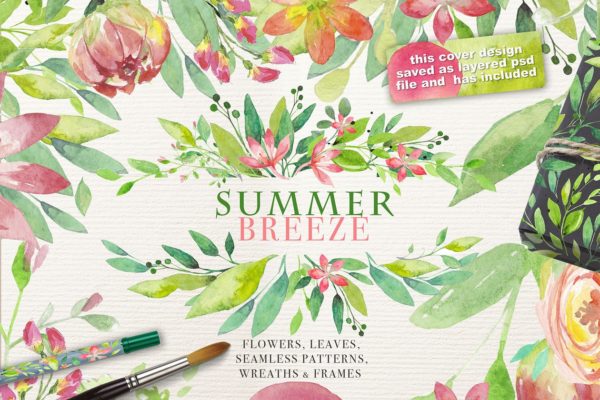 夏日主题花卉、绿叶水彩对象、纹理&花卉花框素材合集[2.46GB] SUMMER BREEZE. vol.2