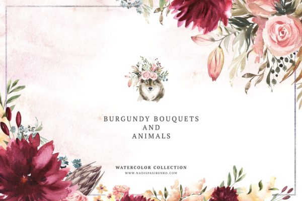 勃艮第花卉&动物水彩剪贴画合集 Burgundy Bouquets & Animals缩略图 勃艮第花卉&动物水彩剪贴画合集 Burgundy Bouquets & Animals