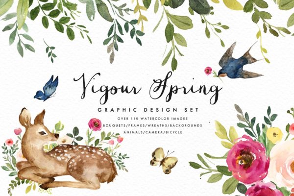 活力春天水彩插画平面设计套装 Vigorous Spring-Graphic Design Set