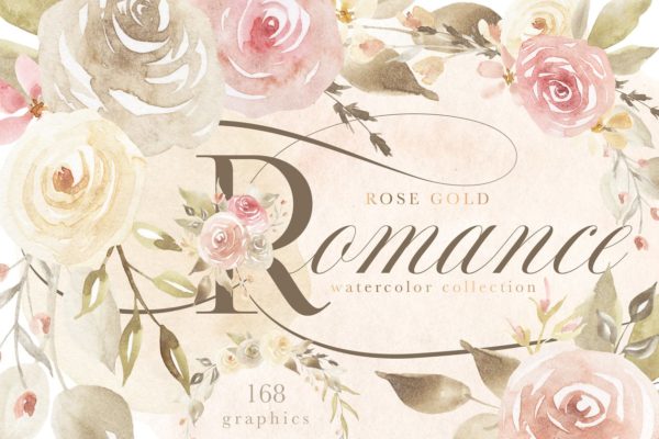 玫瑰金浪漫水彩花卉剪贴画 Rose Gold Romance Watercolor Flowers