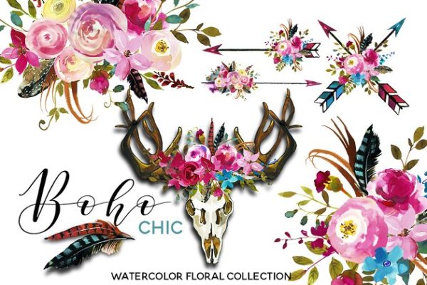 波希米亚风粉红色水彩花卉剪贴画 Boho Chic Pink Watercolor Flowers