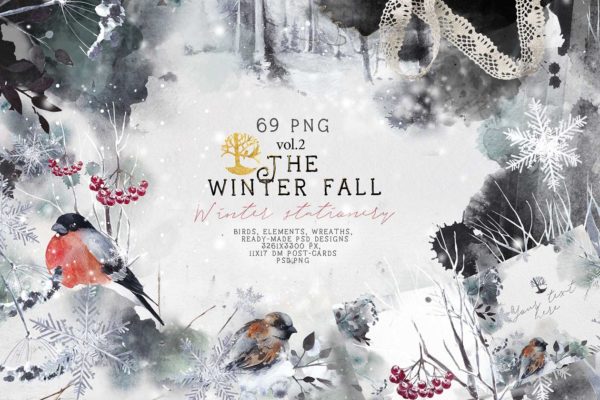 秋冬水墨手绘元素合集 vol.2 "Winter fall" stationery缩略图 秋冬水墨手绘元素合集 vol.2 "Winter fall" stationery