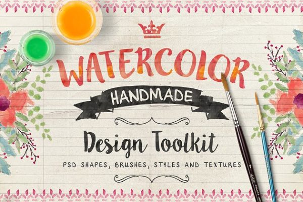 手绘水彩素材大合集[图形、笔刷、样式&元素] Watercolor & Elements Toolkit