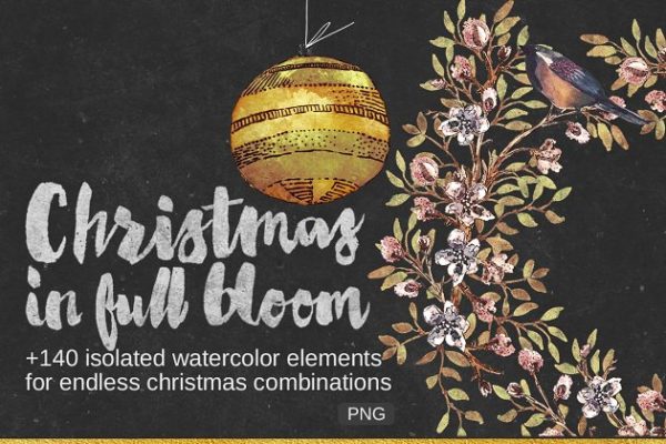 圣诞水彩&墨水装饰元素合集[1.89GB] Christmas in Full Bloom (Watercolor)