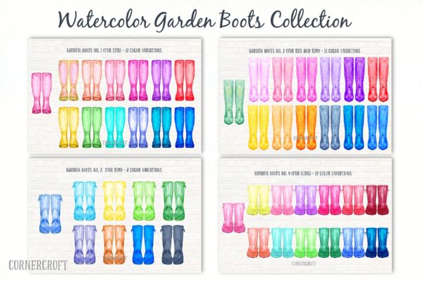 水彩胶靴长筒雨靴剪贴画 Watercolor Rubber Boots, Wellies