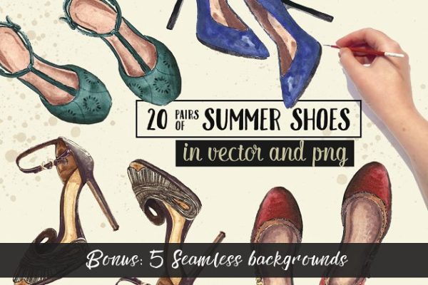 20双手绘高跟鞋水彩插画 20 Pairs of Summer Shoes缩略图 20双手绘高跟鞋水彩插画 20 Pairs of Summer Shoes