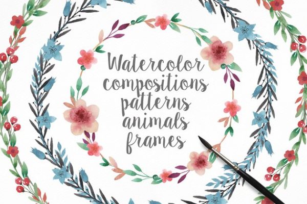 水彩花卉装饰框&纹理合集 Watercolor Frames and Patterns Pro