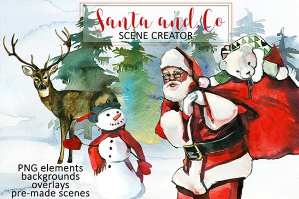 手绘圣诞节主题水彩设计素材包 Santa & Co Christmas Clipart Set