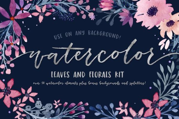 水彩叶子&花卉剪贴画 Watercolor Leaves + Florals Kit