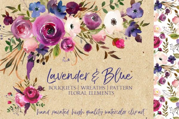 薰衣草色与蓝色水彩花卉剪贴画 Lavender & Blue Watercolor Flowers