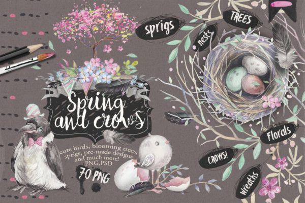“春天与乌鸦”水彩插画元素合集 “Spring & crows” bundle