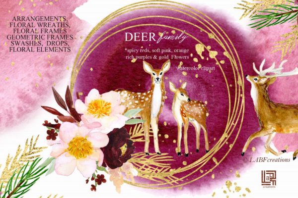 鹿家族/香辣红/橙金水彩手绘剪贴画 Deer family. Spicy red, orange gold缩略图 鹿家族/香辣红/橙金水彩手绘剪贴画 Deer family. Spicy red, orange gold