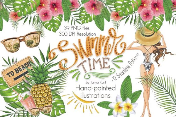 夏日时光手绘插画设计元素合集 Summer Time Collection