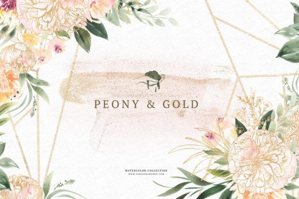 水彩画牡丹与黄金插画元素合计 Watercolor Peony & Gold缩略图 水彩画牡丹与黄金插画元素合计 Watercolor Peony & Gold