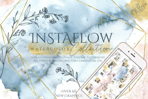 优雅风格水彩元素合集 Instaflow Watercolors & Template缩略图 优雅风格水彩元素合集 Instaflow Watercolors & Template