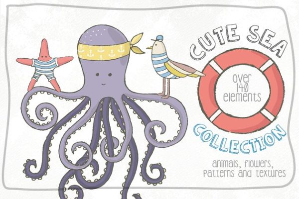 可爱海洋生物手绘插画剪贴画 Cute Sea Collection Pro