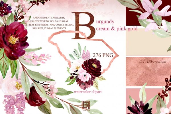 勃艮第奶油和金粉色水彩花卉剪贴画 Burgundy cream & gold pink flowers缩略图 勃艮第奶油和金粉色水彩花卉剪贴画 Burgundy cream & gold pink flowers
