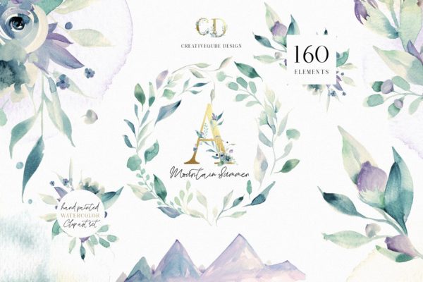轻奢风格水彩元素合集 A Mountain Summer Watercolor Set