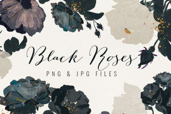 高雅黑色玫瑰手绘水彩剪贴画 Black Roses缩略图 高雅黑色玫瑰手绘水彩剪贴画 Black Roses