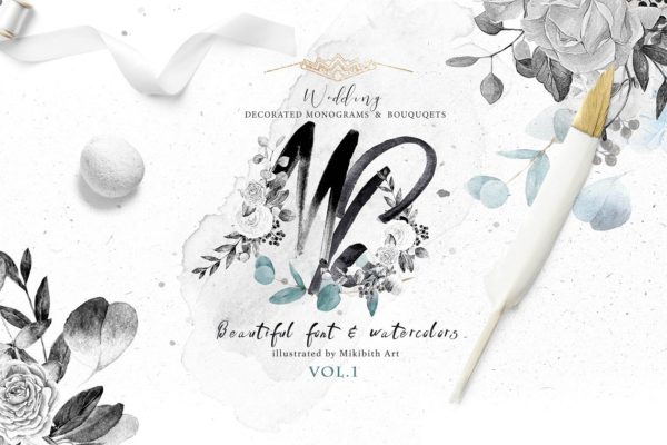 灰色字母&花卉水彩套装 Monograms & bouquets vol.1 Artarian