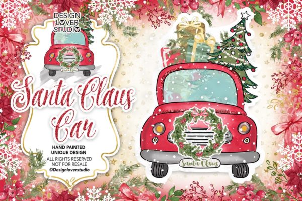 圣诞老人礼物小车矢量插画 Santa Claus Car design缩略图 圣诞老人礼物小车矢量插画 Santa Claus Car design