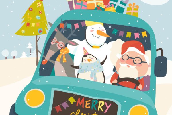 驯鹿、雪人、企鹅&圣诞老人矢量插画 Santa Claus with reindeer, snowman and penguin