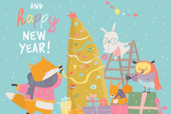 圣诞节主题风格卡通动物矢量插画 Cute Christmas greeting card with happy animals.缩略图 圣诞节主题风格卡通动物矢量插画 Cute Christmas greeting card with happy animals.