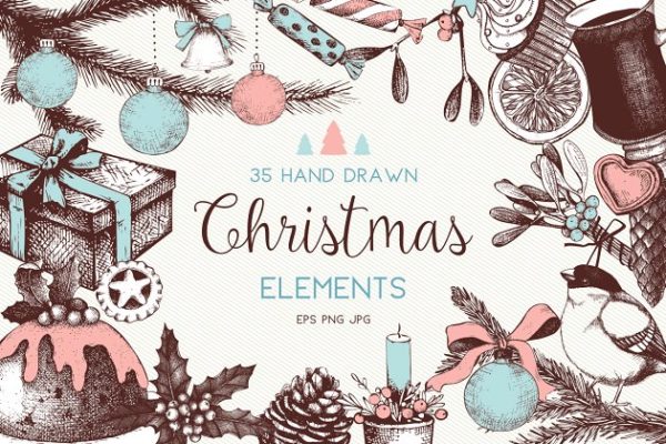 复古圣诞节装饰元素插画套装 Vintage Christmas Illustrations Set