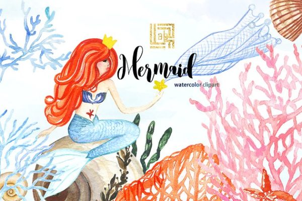 美人鱼与海水彩剪贴画 Mermaid sea. watercolor clipart缩略图 美人鱼与海水彩剪贴画 Mermaid sea. watercolor clipart