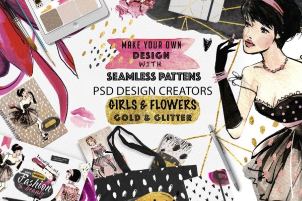 时尚女孩手绘水彩插画和水彩无缝纹理合集 Fashion deal Girls and patterns缩略图 时尚女孩手绘水彩插画和水彩无缝纹理合集 Fashion deal Girls and patterns