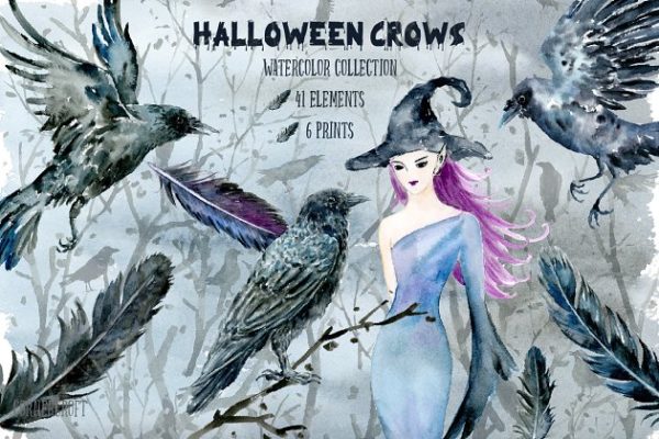 万圣节乌鸦和女巫水彩插画 Watecolor Halloween Crows & Witch缩略图 万圣节乌鸦和女巫水彩插画 Watecolor Halloween Crows & Witch