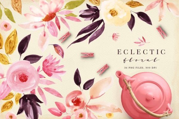 手绘水彩花卉剪贴画 Eclectic floral set
