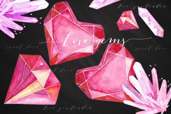 浪漫柔嫩水彩宝石剪贴画 Valentine’s clipart. Hearts gems.