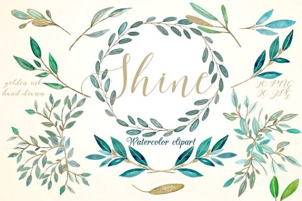金粉薄荷叶水彩剪贴画 Shine gold mint leaves Watercolor