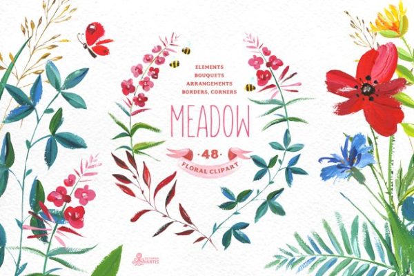 牧场花卉小草水彩手绘剪贴画 Meadow. Floral clipart缩略图 牧场花卉小草水彩手绘剪贴画 Meadow. Floral clipart