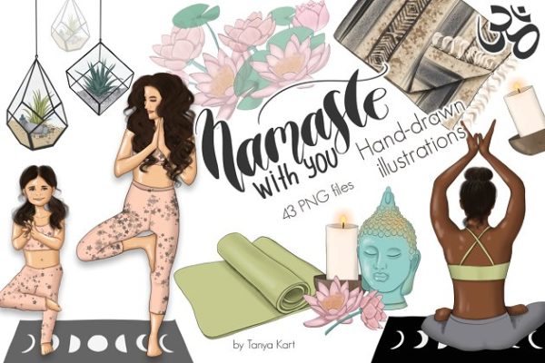 合十礼瑜伽手绘插画 Namaste Hand Drawn Yoga Illustration