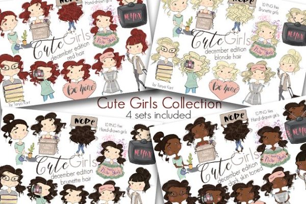 可爱卡通少女形象手绘图形集 Cute Girls December Edition