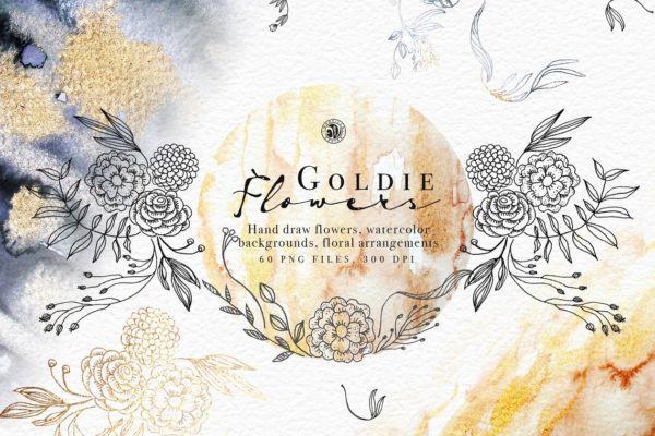 金箔水彩花卉图案背景插画 Goldie Flowers缩略图 金箔水彩花卉图案背景插画 Goldie Flowers