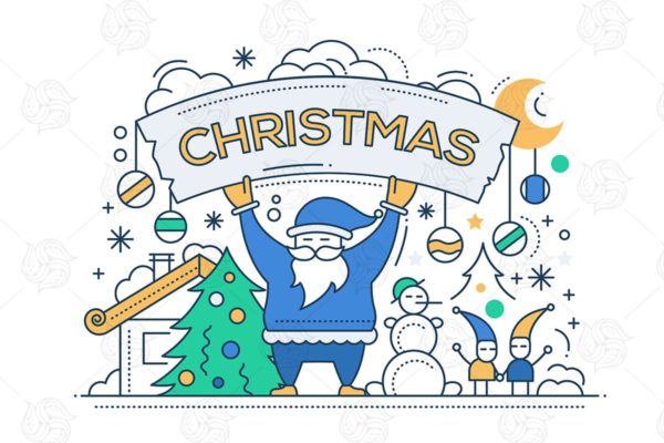 圣诞节&新年节日线条插画 Merry Christmas, Happy New Year – Line Design Card