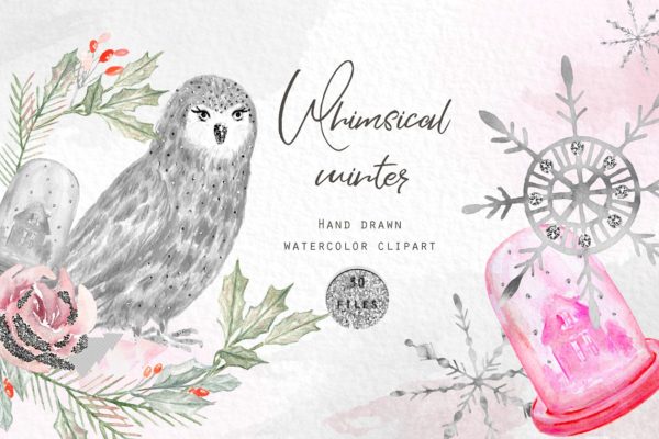 异想天开的冬季水彩剪贴画 Whimsical winter watercolors