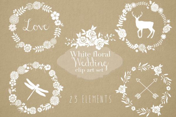 白色花卉花环剪贴画合集 White floral clip art set缩略图 白色花卉花环剪贴画合集 White floral clip art set