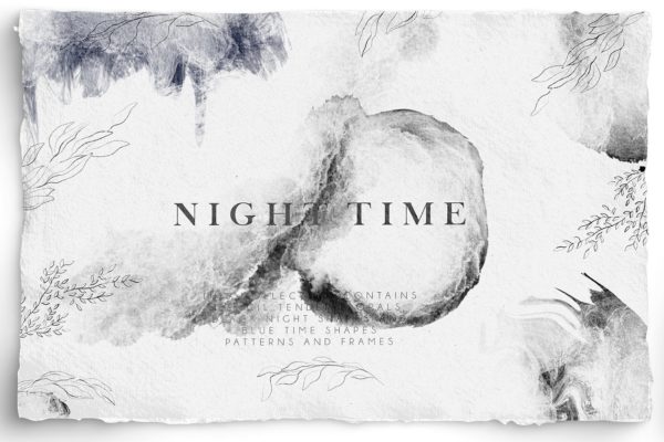优雅水墨植物花卉元素水彩剪贴画合集 Night Time Collection