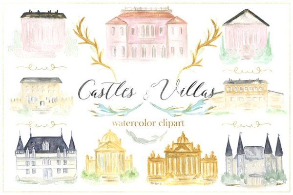 豪华建筑城堡别墅系列水彩剪贴画 Castles & villas houses watercolor