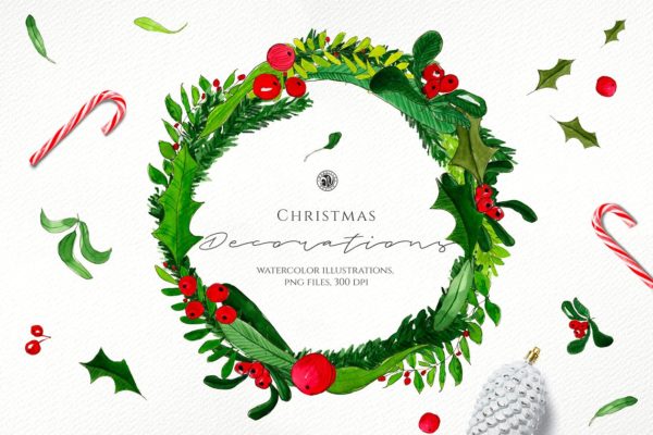 绿色水彩圣诞花卉装饰剪贴画合集 Watercolor Christmas Decorations